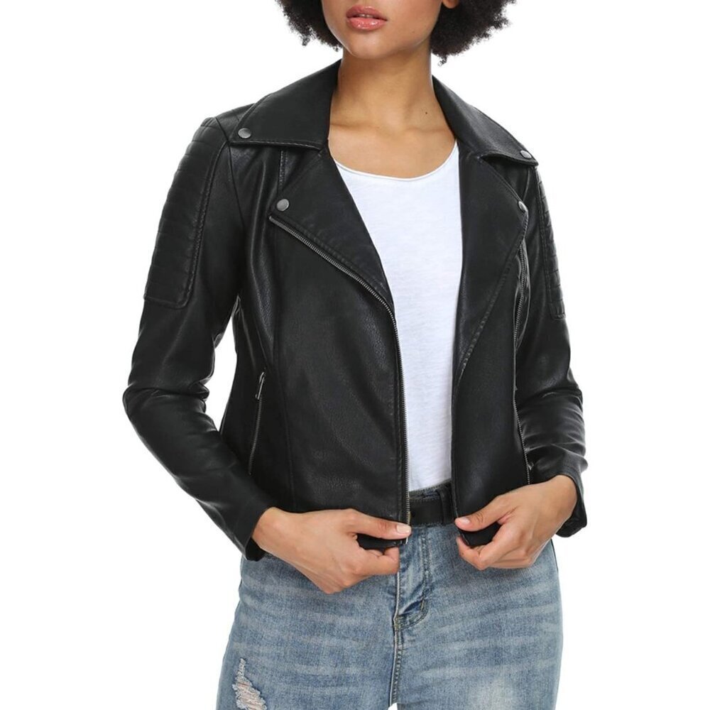 Fahsyee Women's Faux Leather Black Jackets, Zip Up Outwear and Short Jackets